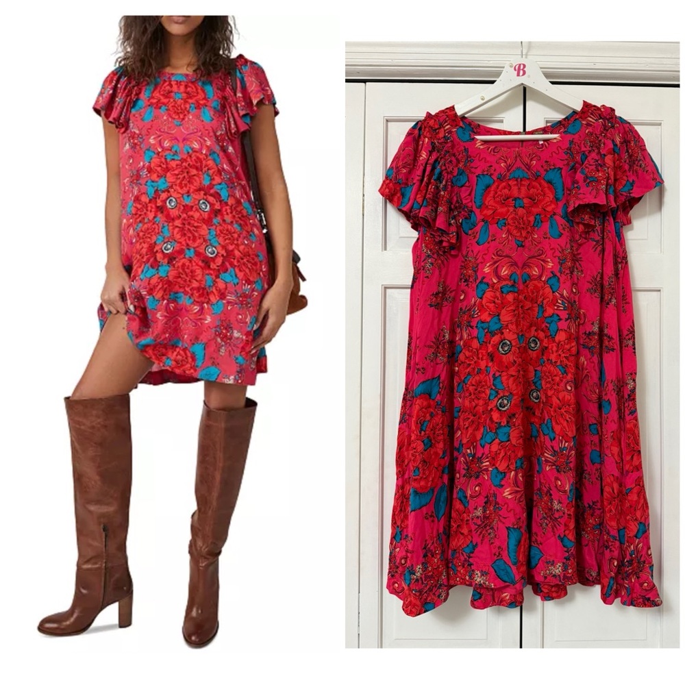 Free People Pink and Red Floral Mini Dress